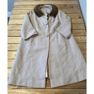 Vintage Union Made Real Fur Neck Button Front Over Coat Size Small Women’s Beige